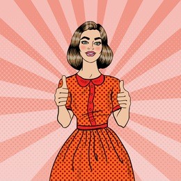 pop art young beautiful woman gesturing great. smiling girl showing thumbs up. vector illustration