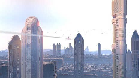 spacecraft flies over a city of science fiction, 3d illustration