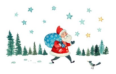 santa's walk - watercolor illustration of santa walking the snowy woods