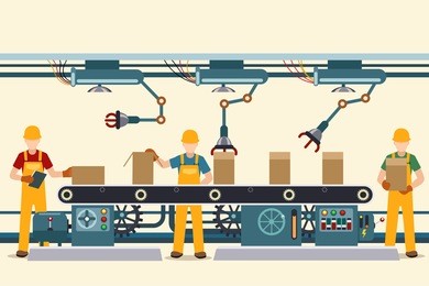 production conveyor belt with vector factory operational people in uniform. vector illustration