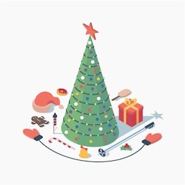 christmas, vector isometric concept illustration, 3d icon set, white background: christmas tree with star, hat of santa claus, cookie, candy, fireworks, bell, skiing, mittens, gift, ice cream