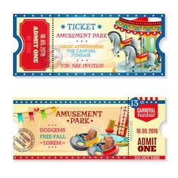 two invitation tickets to carnival in amusement park with date of event and funfair decorative elements flat vector illustration