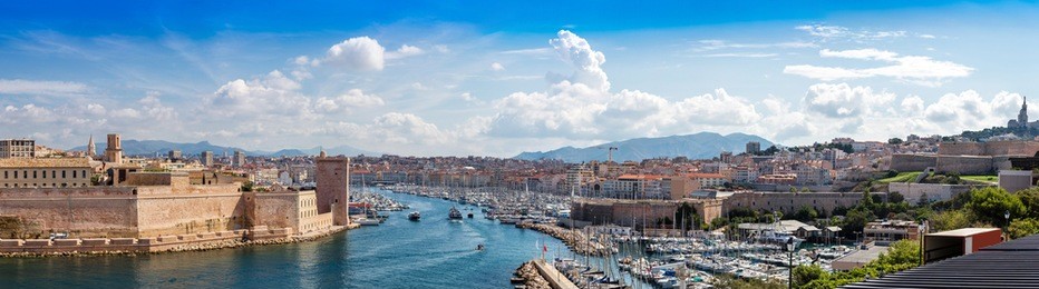 aerial panoramic view on basilica of notre dame de la garde and old port  in marseille, france