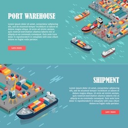 port warehouse and shipment banner. cargo containers transshipped between transport vehicles, for onward transportation. platform supply vessel. logistic support of goods, tools, equipment. vector