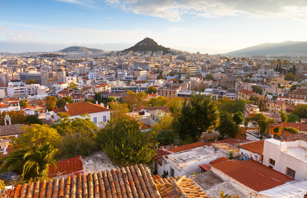 view of athens dominated by lycabettus hill. image taken from anafiotika in the old town.