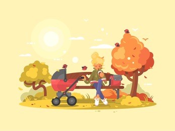 young mother with baby in stroller