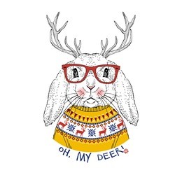 cute portrait of bunny with deer horns dressed up in jacquard pullover, hand drawn graphic, kid print, bunny illustration