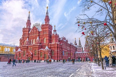 state historical museum on red square in moscow decorated for new year and christmas holidays, russia