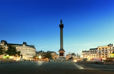 trafalgar square with nelson column at night, london, uk