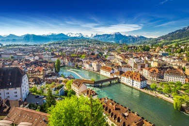 view to pilatus mountain and historic city center of luzern, switzerland.