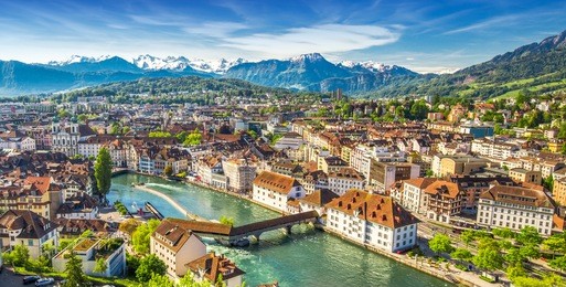 view to pilatus mountain and historic city center of luzern, switzerland.