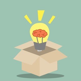bright idea comes from a box light bulb with brain concept
