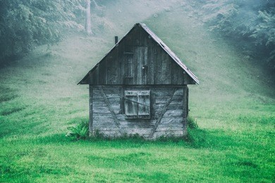 alone cabin in the woods, toned like instagram filter