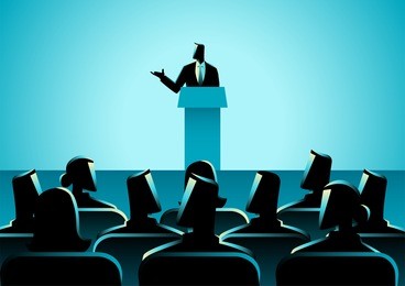 business concept illustration of businessman giving a speech on stage. audience, seminar, conference theme