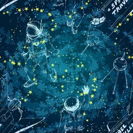 space seamless pattern with spaceship "space traveler", astronauts, satellites... childish hand drawn vector illustration, black and white sketches, endless repeatable sky background.