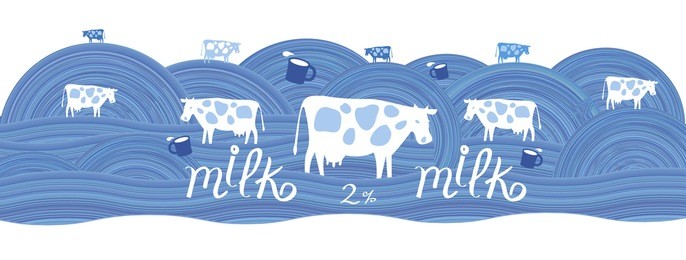 cows and cup of milk on a blue field. label for dairy products