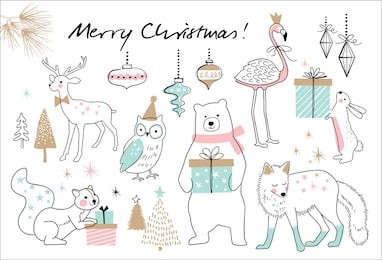 christmas hand drawn doodle cartoon set 