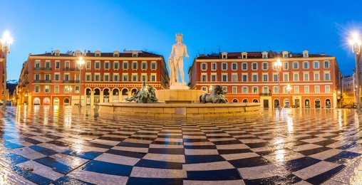the fountain du soleil on place massena square nice, french riviera, cote d'azur, france panorama