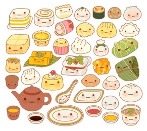 collection of lovely baby chinese oriental food doodle icon, cute fun go, adorable har gow, sweet dimsum, kawaii shumai , girly dumpling  in childlike manga cartoon isolated on white-vector file eps10