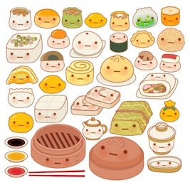 collection of lovely baby chinese oriental food doodle icon, cute fun go, adorable har gow, sweet dimsum, kawaii shumai , girly dumpling  in childlike manga cartoon isolated on white-vector file eps10