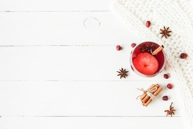christmas drink. traditional mulled wine with spices. flat lay, top view