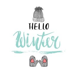 hello winter text. winter background with hand drawn winter elements and text made with dry brush and ink. vector illustration