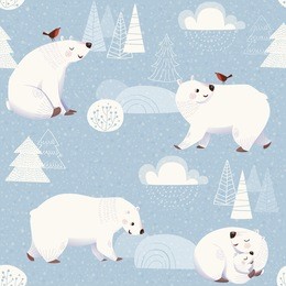 winter vector seamless pattern with cute polar bears and christmas decorations