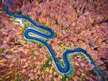 aerial view of a winding road in the mountains in autumn season