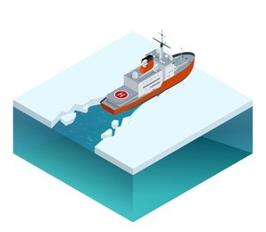 isometric nuclear-powered icebreaker sailing in ice.  flat 3d illustration. for infographics and design 