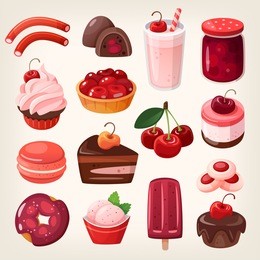 set of delicious fruit sweets and desserts. cherry flavored pie and cake with fruit on top. bright red and white sweet cherry pie and fruit ice cream. isolated vector dessert icons