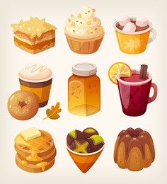 delicious caramel desserts. hot drinks and sweet pancakes and pie with caramel and honey flavors. coffee shop chocolate desserts cakes and pies. isolated vector illustrations.  