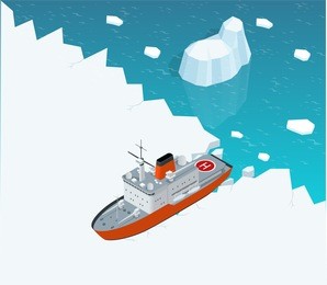 isometric nuclear-powered icebreaker sailing on the ice in the sea. flat 3d illustration. for infographics and design games. industrial nautical transport.