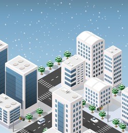 isometric module of the modern 3d city. winter landscape snowy trees, streets. three-dimensional views of skyscrapers, houses, buildings and urban areas  transport roads, intersections. xmas country