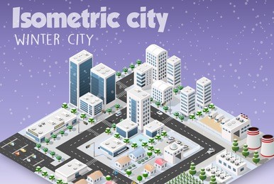 isometric module of the modern 3d city. winter landscape snowy trees, streets. three-dimensional views of skyscrapers, houses, buildings and urban areas  transport roads, intersections. xmas country
