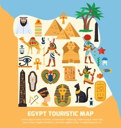 egypt touristic map with national landmarks and sights symbols flat vector illustration 