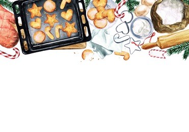 baking christmas cookies. watercolor illustration with blank space for text.