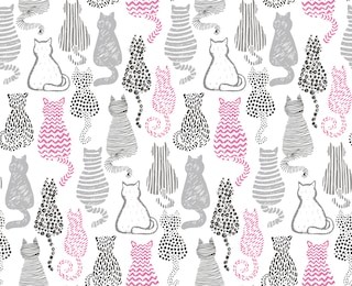 vector seamless pattern with hand draw textured cats in graphic doodle style. grey and pink colored endless background.
