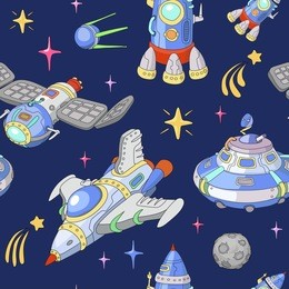 seamless funny cartoon cosmic space pattern. planets, rockets and spaceships