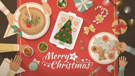 family celebrating christmas at home and eating together, table top view, flat lay