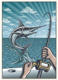 vintage deep sea fishing background with hands holding fishing rod, catching swordfish in the open sea on the boat. with grunge texture. layered, separate texture.
