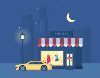 vector illustration of boutique and sports car on the background of the city. store building with a showcase. night city, street light, starry sky. trend modern flat pseudo volume style.