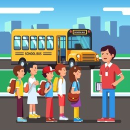 kids listening to teacher training before bearding school bus. pupils going to a city road trip. colorful flat style cartoon vector illustration.