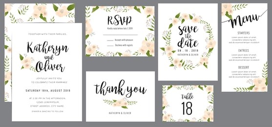 wedding suite template decorate with wreath flowers. including save the date card, invitation card, wedding menu, response card and thank you card. vector illustration.