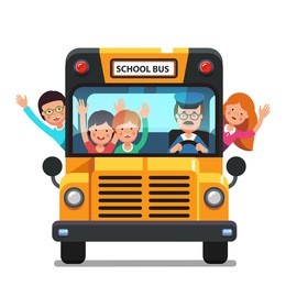 happy smiling kids riding on a school bus with a driver. front view. colorful flat style cartoon vector illustration isolated on white background.