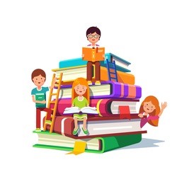 kids sitting and reading on a huge pile of books with ladders. school education and knowledge concept. colorful flat style cartoon vector illustration isolated on white background.