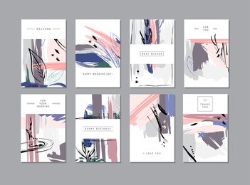 set of creative universal floral cards in trendy style with hand drawn textures. 
greeting cards, wedding, anniversary, birthday, valentin's day, thank you, 
party invitations. 
vector illustration