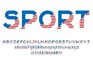 sport font. alphabet letters set with american flag colors and stripes. vector design for sportswear, poster, labels