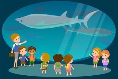 group of kids watching sharks at oceanaruim aquarium excursion with a teacher. school or kindergarten students on filed trip. modern flat style vector illustration