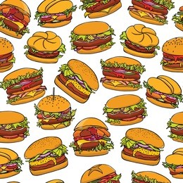 vector seamless pattern with hand drawn delicious burgers. beautiful food design elements, perfect for prints and patterns