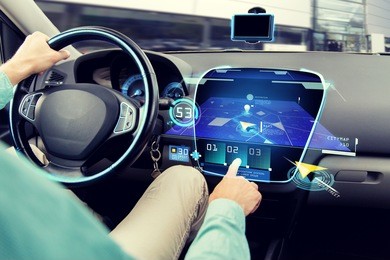 transport, destination, modern technology and people concept - close up of man driving car with navigation system on board computer